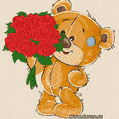 Анимационная открытка гиф c мишкой и красными розами